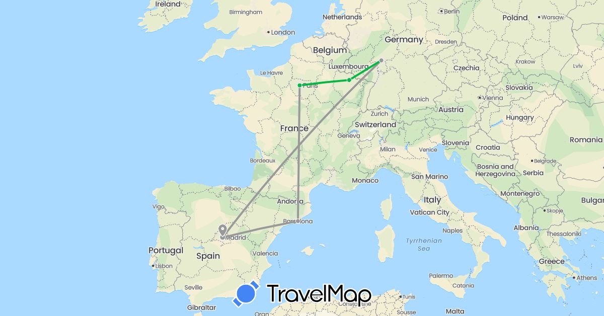 TravelMap itinerary: driving, bus, plane in Germany, Spain, France (Europe)